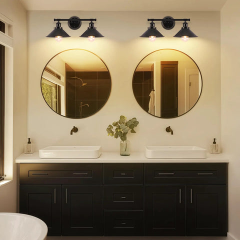 Two Light Matte Black Farmhouse Vanity Light Fixture For Bathroom, rustic industrial style over mirror with double sinks
