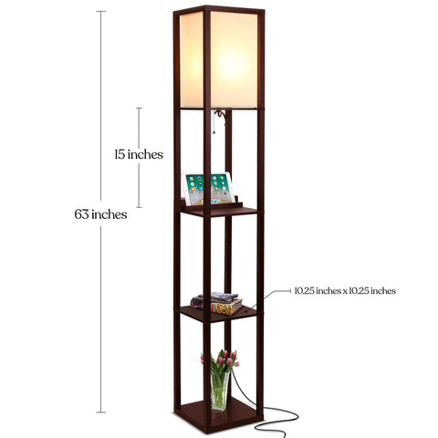 Dope Shelf Floor Lamp With USB Ports And Wireless Charging Pad And Outlets, corner shelves with light, Havana Brown, 63 inches