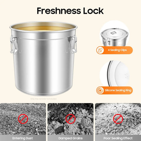 Built Like A Tank 304 Stainless Steel Airtight Canister For Kitchen Storage with welded handles and large opening.