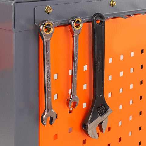 Heavy Duty Steel Workbench With Smart Storage Cabinet And Wall Pegboard For Garage Tools, hanging parts bins, wrenches on pegboard.