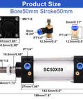 Aluminum Pneumatic Cylinder 50mm Bore 50mm Stroke With Four Quick Fittings PT1/4 Port SC50X50 dimensions diagram