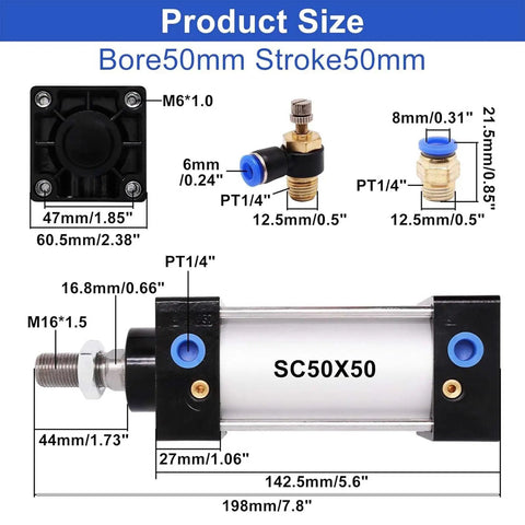 Aluminum Pneumatic Cylinder 50mm Bore 50mm Stroke With Four Quick Fittings PT1/4 Port SC50X50 dimensions diagram