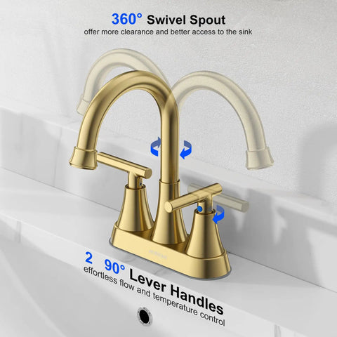 4 Inch Brushed Gold Bathroom Sink Faucet With Pop Up Drain And 2 Supply Hoses Lead Free Stainless Steel 2 Handle Centerset Vanity RV Faucet