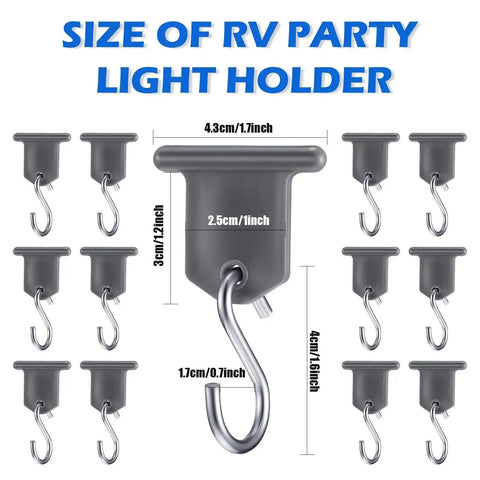 14 Piece RV Awning Hook Set For Lights And Camping Gear S Shaped Gray Hangers With Hook Holders, size and dimensions shown