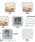 Legit Silent Mushroom Print Cube Led Clock With Major Vintage Vibes shows time, date, and temperature from a front view.