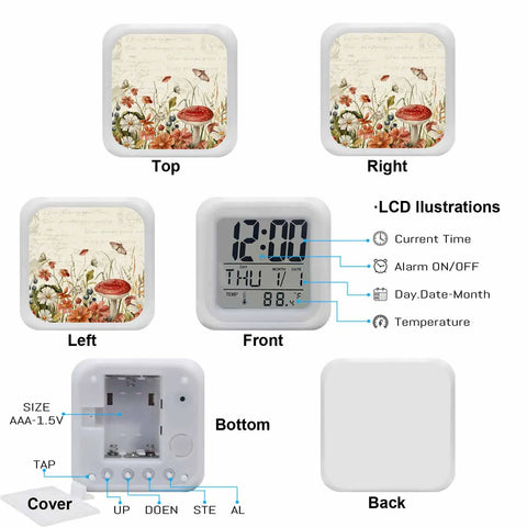 Legit Silent Mushroom Print Cube Led Clock With Major Vintage Vibes shows time, date, and temperature from a front view.