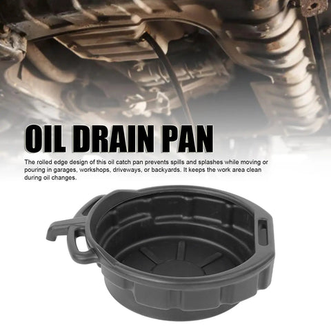 The Ultimate Heavy Duty Oil Drain Pan Kit Holds Four Gallons With Non Spill Pour Spout For Easy Car Maintenance And Fluid Catching During Coolant Changes. Black plastic oil drain pan with handles for catching engine oil during car maintenance