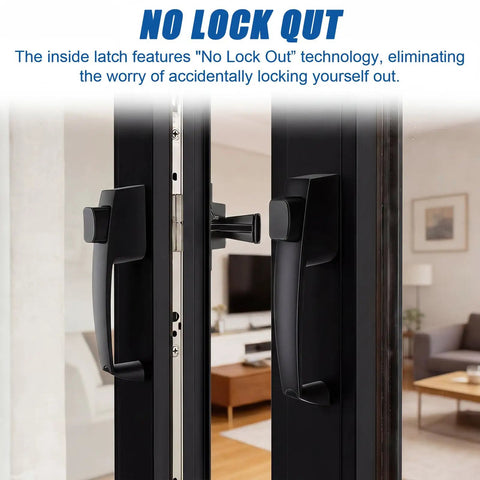 Two Pack Storm And Screen Door Push Button Latch Set For 5/8 To 1-1/4 Inch Thick Doors, shown installed in black aluminum finish