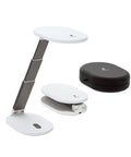 Foldi Go Portable Table Lamp for Crafts and Sewing with Carry Case, shown in extended and folded positions, ideal travel companion, white.