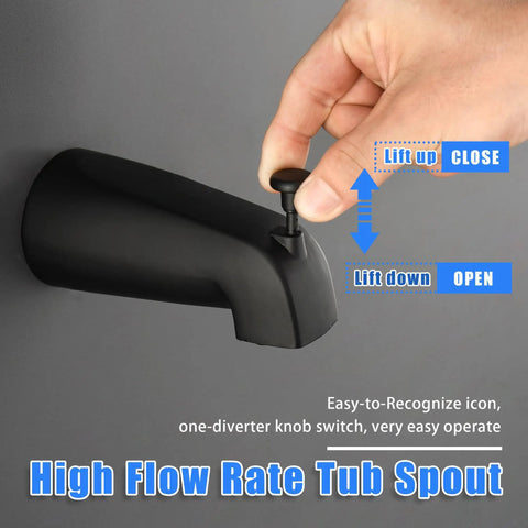 Hand adjusting diverter on Matte Black Shower Faucet Set With 5-Setting Shower Head And Single-Handle Tub Shower Trim Kit spout