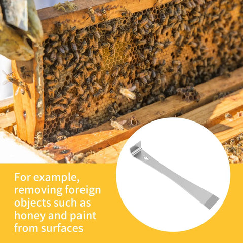 4 Piece Pry Bar Scraper Set With Dual End Flat Pry Bars Nail Puller Crowbar displayed beside a beekeeping frame.