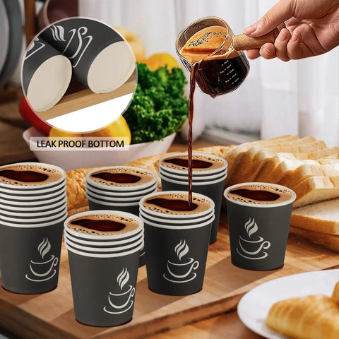 4 Oz Disposable Paper Espresso Cups 500 Pack Small Coffee Cups for Hot or Cold Drinks shown with coffee being poured