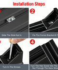 Installation steps for 40 Piece Black Anodized 2020 Aluminum Extrusion Bracket Kit For 20 Series T Slot Fasteners, showing corner brackets and T-nuts.