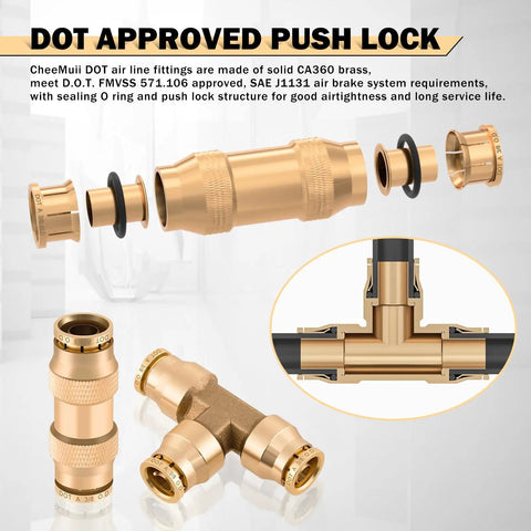 60 Pcs Brass DOT Air Line Fittings Kit Pro Grade Push Lock And Push To Connect Fittings with NPT Thread and Quick Connect displayed