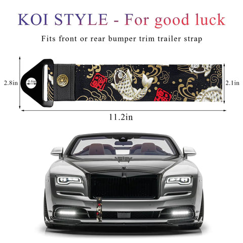 Sick JDM Koi Fish Racing Tow Strap, 11.2 inch heavy gauge nylon, stylish design for front or rear bumpers.