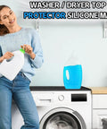 Woman holding detergent bottle next to Heavy Duty Silicone Top Loader Protector Mat For Washer And Dryer Surface 27 X 27 Inch.