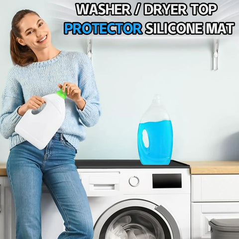 Woman holding detergent bottle next to Heavy Duty Silicone Top Loader Protector Mat For Washer And Dryer Surface 27 X 27 Inch.