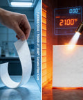 High-temperature gasket paper strip (white, flexible) held by hand on left; ceramic fiber block heated by torch on right.