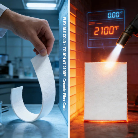High-temperature gasket paper strip (white, flexible) held by hand on left; ceramic fiber block heated by torch on right.