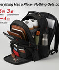 Open Heavy Duty Built Tough 17 Inch Laptop Backpack For Men And Women, showcasing multiple compartments and pockets filled with items.