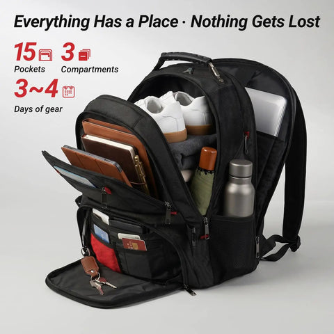 Open Heavy Duty Built Tough 17 Inch Laptop Backpack For Men And Women, showcasing multiple compartments and pockets filled with items.