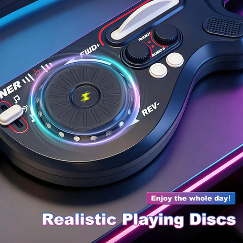 CL Funny Kids Electric Stringless Guitar With DJ Turntable And Lights control panel showing realistic playing discs and LED effects.