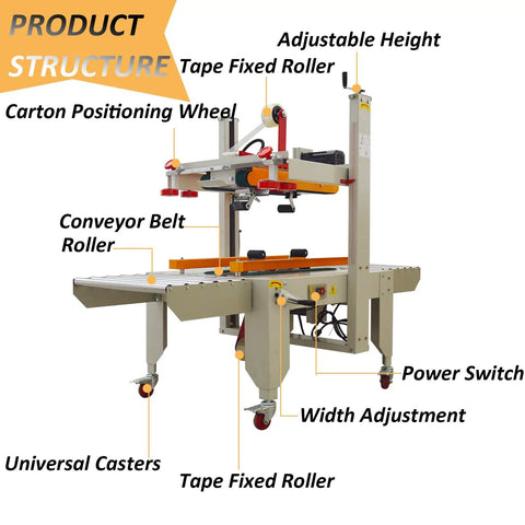 HayWHNKN Automatic Carton Sealer Box Taping Machine For Industrial Warehouse Packaging showing adjustable height and conveyor belt features.