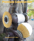 Six Inch Brass Wire Wheel For Bench Grinder With Half Inch And Five Eighth Inch Arbor, Fine Crimped Wire Brush, on a grinder