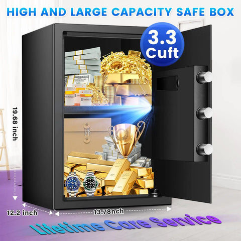 Open view of Beefy Home Safe 3.3 Cu Ft Digital Security Safe Box with gold bars, cash, and watches, showcasing capacity and dimensions.