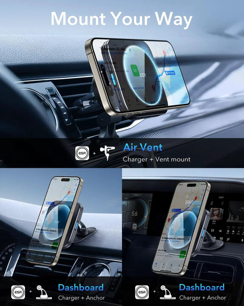 MagSafe Car Mount Charger With 15W Wireless Charging For Air Vent Dashboard Phone Holder For iPhone and Galaxy S25, mounted view