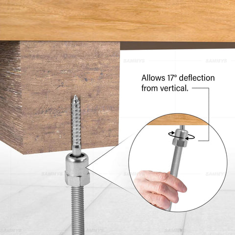 Pro Grade Wood Screw Swivel Threaded Rod Anchor For Wood, 20 3/8 Inch, 17 Degree Off Vertical Install, Steel With Electro Zinc Coating.