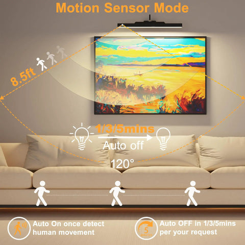 Dope Motion Sensor Picture Light For Wall Art, showing 16-inch wireless dimmable gallery light above framed painting, black, auto on at 10ft.
