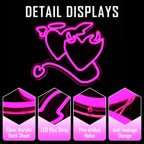 Detail display of Pink Heart Angel Devil Neon Sign LED Light for Bedroom Wall Decor with acrylic backplate and LED flex strip.