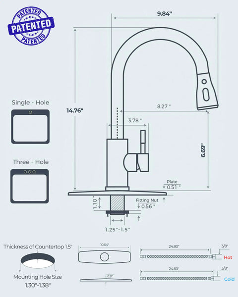 Diagram of Brushed Nickel Kitchen Faucet With Pull Down Sprayer Built For No Fuss Real Life Heavy Duty High Arc Single Handle Stainless Steel Sink Faucet 1 Or 3 Hole Install Drip Free Ceramic Cartridge Farmhouse RV Camper Bar, showing dimensions and installation options.