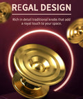4 Pack Solid Brass Gold Sunburst Cabinet Knobs 1.65 Inch Oversized Round Drawer Pulls shown with a regal design backdrop