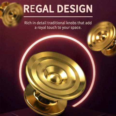 4 Pack Solid Brass Gold Sunburst Cabinet Knobs 1.65 Inch Oversized Round Drawer Pulls shown with a regal design backdrop
