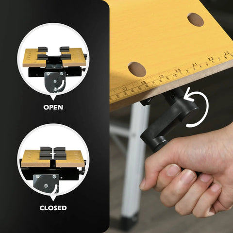 Tough As Nails Adjustable Work Bench Tool Table With Four Heavy Duty Clamps and six position tilt top shown open and closed.
