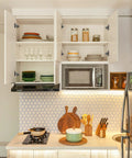 Soft Close Cabinet Hinges By Chibery 50 Pack Full Overlay Easy Install Three Quarter Inch Clip On Plate 105 Degree Black Frameless European Concealed Hinge For Kitchen Cabinets Wardrobes And Bookcases, installed in white kitchen cabinets with open doors.