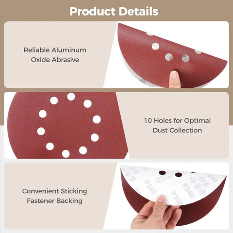 Top 50 Pack Professional Sanding Discs For Drywall Sander And Woodworking Tasks With 60 To 240 Grit Aluminum Oxide Paper Plus Quick Stick Design And Dust Holes For Awesome Smooth Results Every Time. Showcasing sanding disc with 10 dust holes.