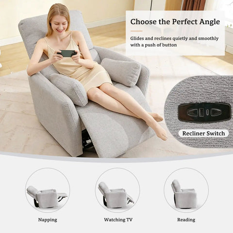Woman relaxing on Power Swivel Rocker Recliner Glider Chair For Adults With USB Type C Ports Large Suede Gray Electric Reclining Chair