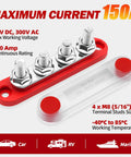 Heavy Duty 150A Bus Bar Power Distribution Block With Cover, 12V Marine And Gearhead Approved Battery Terminal features four M8 studs.