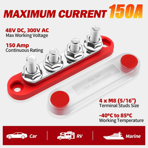 Heavy Duty 150A Bus Bar Power Distribution Block With Cover, 12V Marine And Gearhead Approved Battery Terminal features four M8 studs.