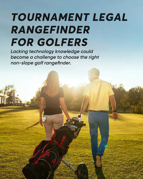 Golfers walking with cart; Golf Rangefinder 800 Yards With Slope And Flag Lock Vibration shown in background setting