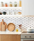 Calacatta Style Peel and Stick Backsplash Tiles 10 Sheets Self Adhesive Aluminum Composite Glass Mosaic in modern kitchen.