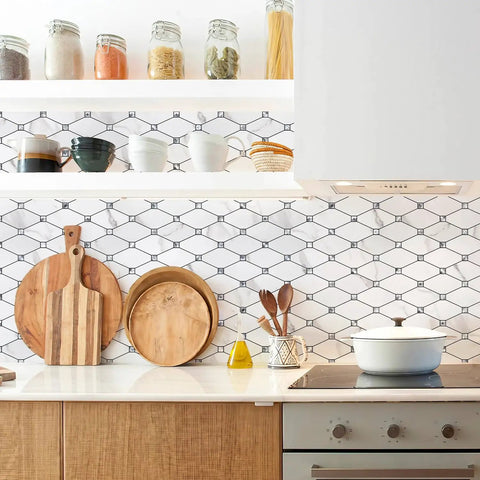 Calacatta Style Peel and Stick Backsplash Tiles 10 Sheets Self Adhesive Aluminum Composite Glass Mosaic in modern kitchen.