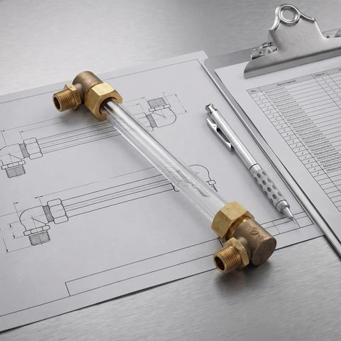 Industrial Water Level Gauge With One Quarter Inch Thread For Buckets And Cisterns, High Temperature Resistant Glass And Copper Tube, Precise Measurement, Built Tough Right Angle Display For Home Use shown on technical drawing