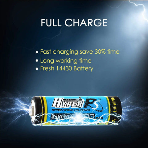 Full charge 14430 battery showing "Fast charging, save 30% time" for Four Pack LiFePO4 3.2V 14430 Rechargeable Batteries 400mAh 14 by 43mm
