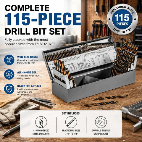 Badass 115 Piece HSS Drill Bit Set Featuring Jobber Length Twist Bits Ranging From One Sixteenth To One Half Inch in indexed case.