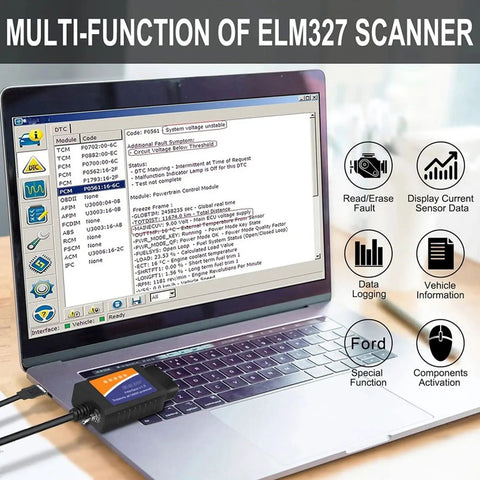 USB OBD2 Adapter With Forscan Support For Ford F150 F250 And More connected to laptop displaying diagnostic interface