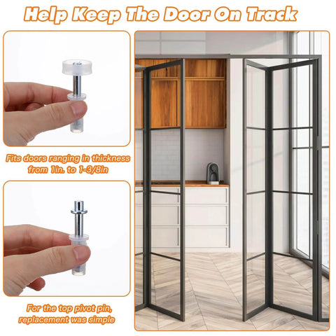 Six Pack Bi-Fold Door Top Roller Guide Wheels With Top Pivot Spring Loaded Bi-Fold Door Hardware Kit in use on glass doors